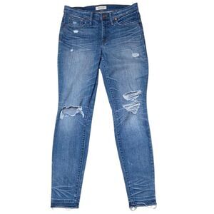 Madewell 9" High-Rise Blue Skinny Distressed knees Raw/frayed hems Jean Size 28